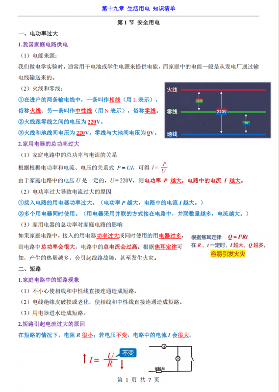九年级（全1册）物理第19章生活用电 知识清单（人教版）.pdf-中小学科教辅资料