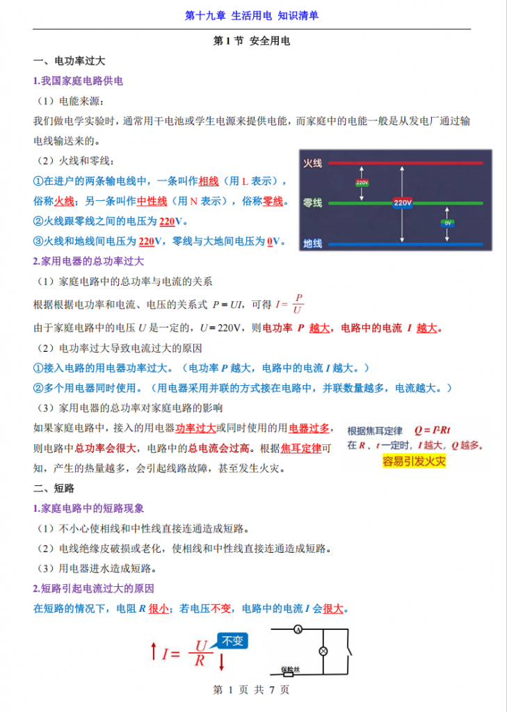 图片[1]-九年级（全1册）物理第19章生活用电 知识清单（人教版）.pdf-中小学科教辅资料