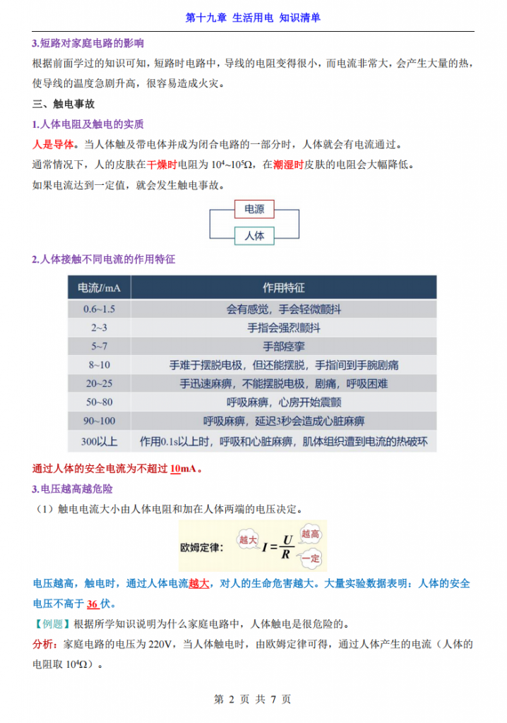 图片[2]-九年级（全1册）物理第19章生活用电 知识清单（人教版）.pdf-中小学科教辅资料