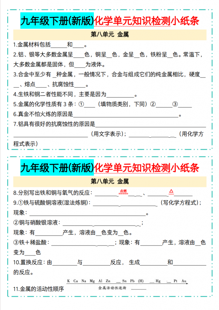 图片[1]-九年级（下）化学 单元知识检测小纸条《人教版》.pdf-中小学科教辅资料
