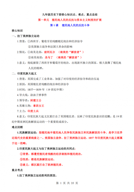 九年级（下）历史核心知识点、难点、重点知识总结.pdf-中小学科教辅资料