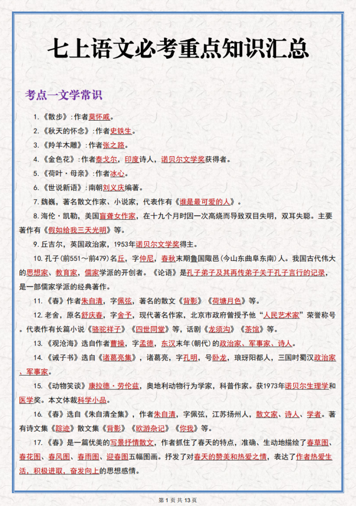 图片[1]-七年级（上）语文语文期末必考重点知识汇总.pdf-中小学科教辅资料