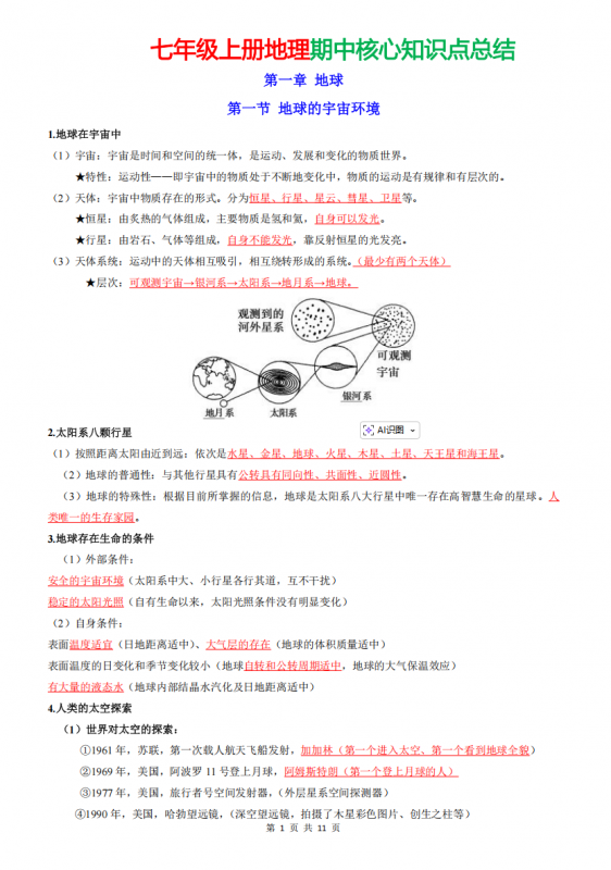 七年级（上）地理期中核心知识点清单（人教版）.pdf-中小学科教辅资料