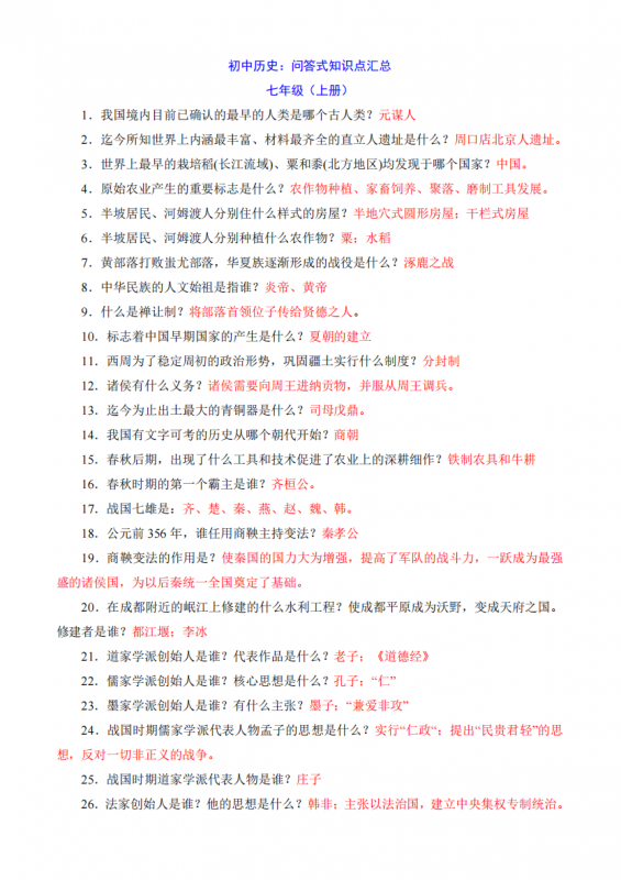 七年级（上）历史 问答式知识点汇总.pdf-中小学科教辅资料