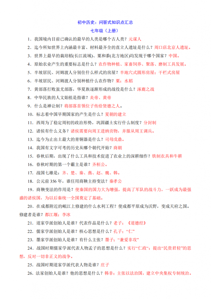 图片[1]-七年级（上）历史 问答式知识点汇总.pdf-中小学科教辅资料