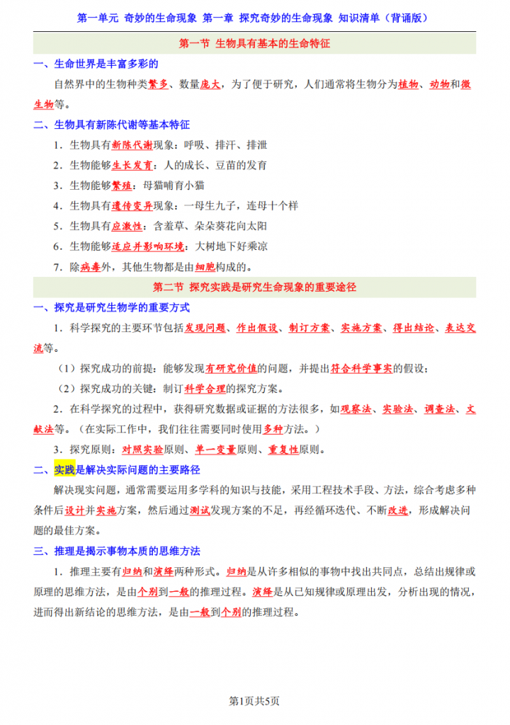 图片[1]-七年级（上）生物第1单元第1章（知识清单背诵版）.pdf-中小学科教辅资料