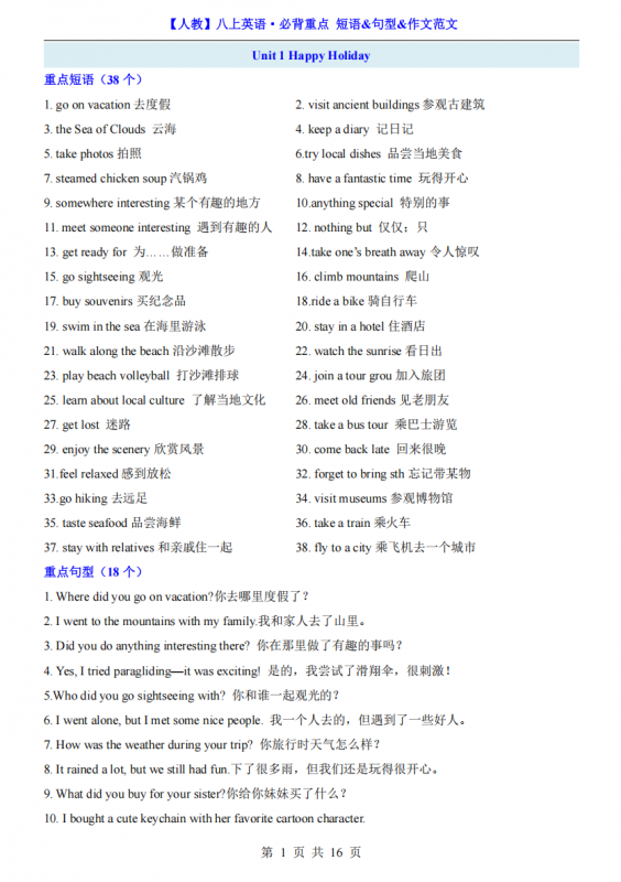 新八年级（上）英语必背重点短语 句型 作文范文（人教版）.pdf-中小学科教辅资料