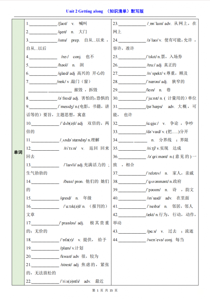 图片[1]-新八年级（上）英语Unit2知识清单默写背诵（外研版）.pdf-中小学科教辅资料