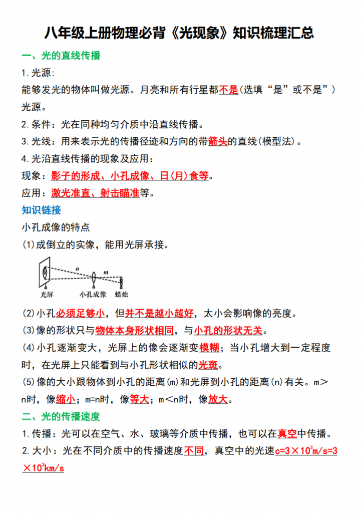 图片[1]-八年级（上）物理 必背《光现象》知识梳理.pdf-中小学科教辅资料
