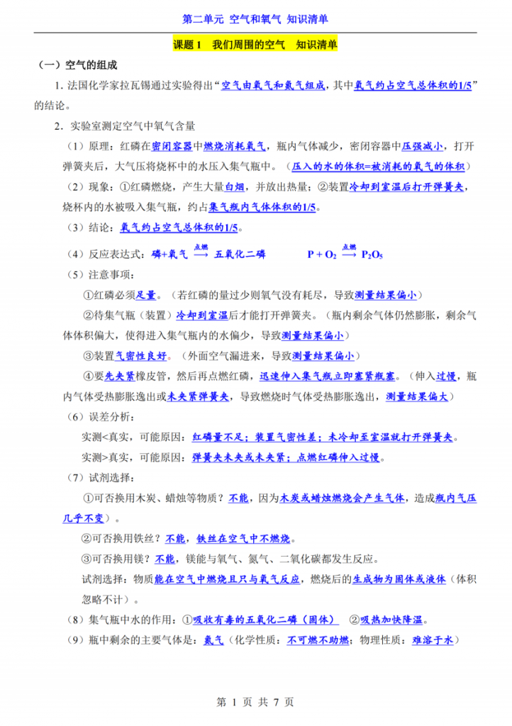 图片[1]-新八年级（上）化学第2单元空气和氧气知识清单（人教版）.pdf-中小学科教辅资料