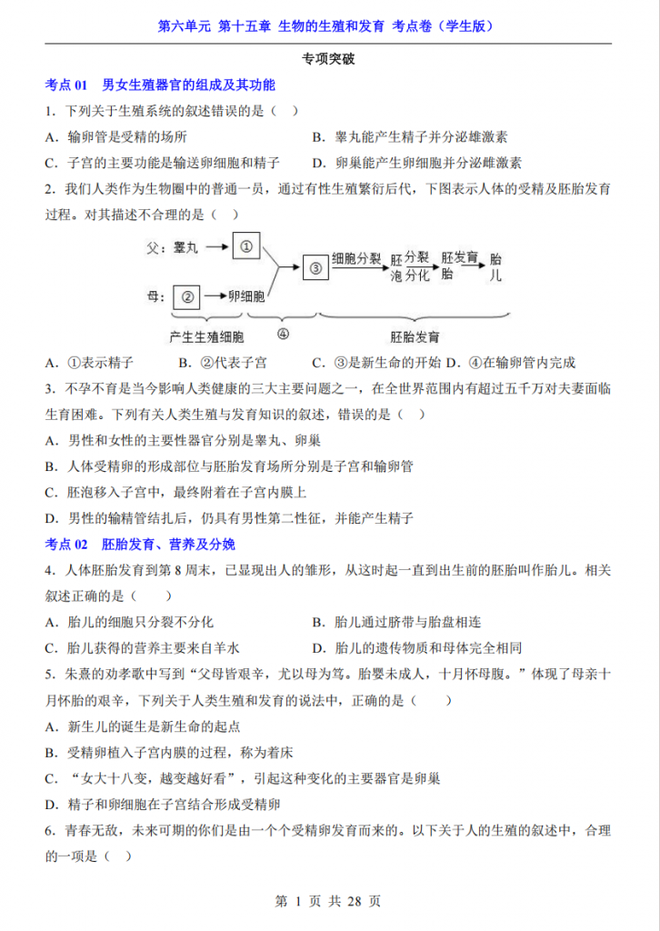 图片[1]-八年级（上）生物第6单元第15章生物的生殖和发育考点卷（北师大版）.pdf-中小学科教辅资料
