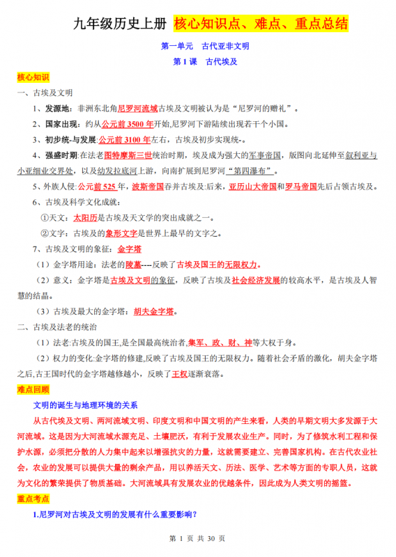 九年级（上）历史 核心知识点、难点、重点知识总结.pdf-中小学科教辅资料