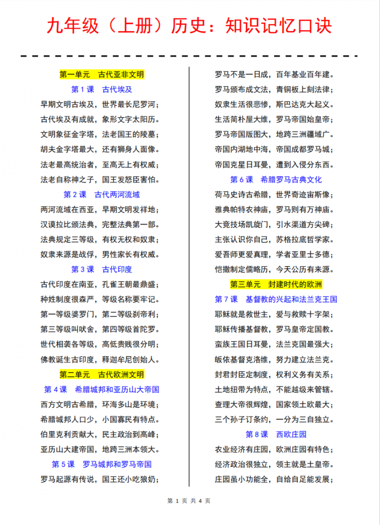 图片[1]-九年级（上）历史知识记忆口诀.pdf-中小学科教辅资料