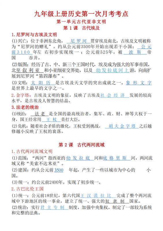 九年级（上）历史 第一次月考考点.pdf-中小学科教辅资料