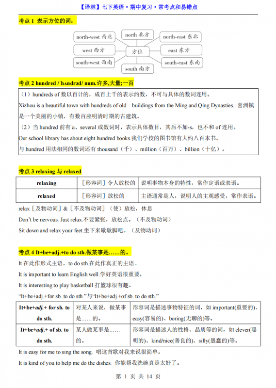 七年级（下）英语期中复习常考点和易错点（译林版）.pdf-中小学科教辅资料