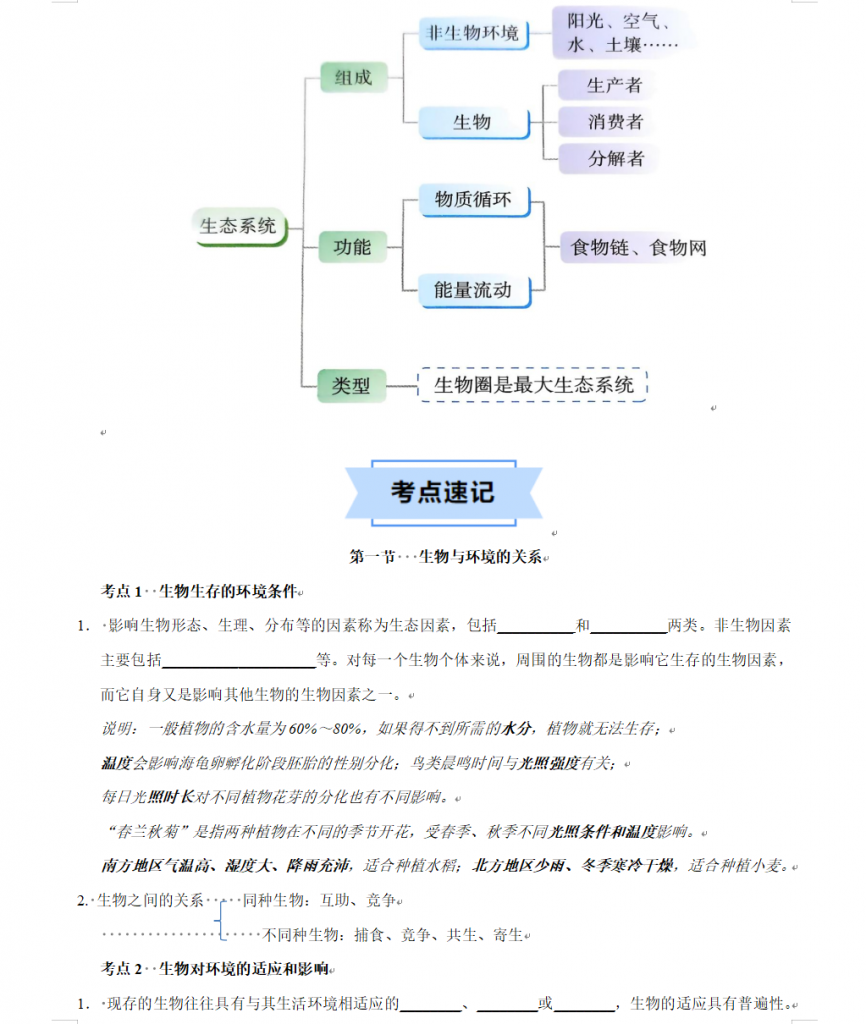 图片[2]-第10章 生物与环境 【速记清单】（原卷版）【沪教54】七下.docx-中小学科教辅资料