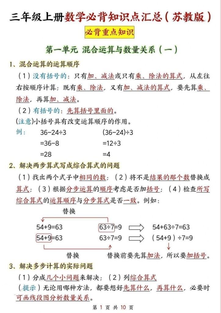 图片[1]-三年级（上）数学知识点汇总《苏教版》.pdf-中小学科教辅资料