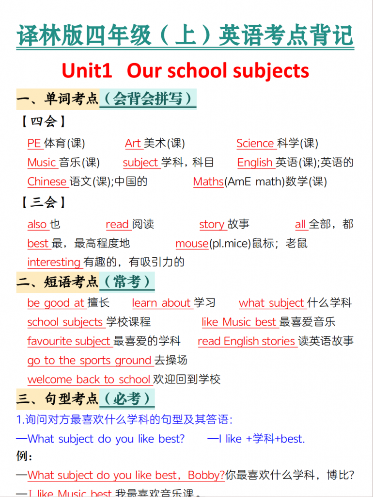 图片[1]-译林版四年级（上）英语考点背记-17页.pdf-中小学科教辅资料