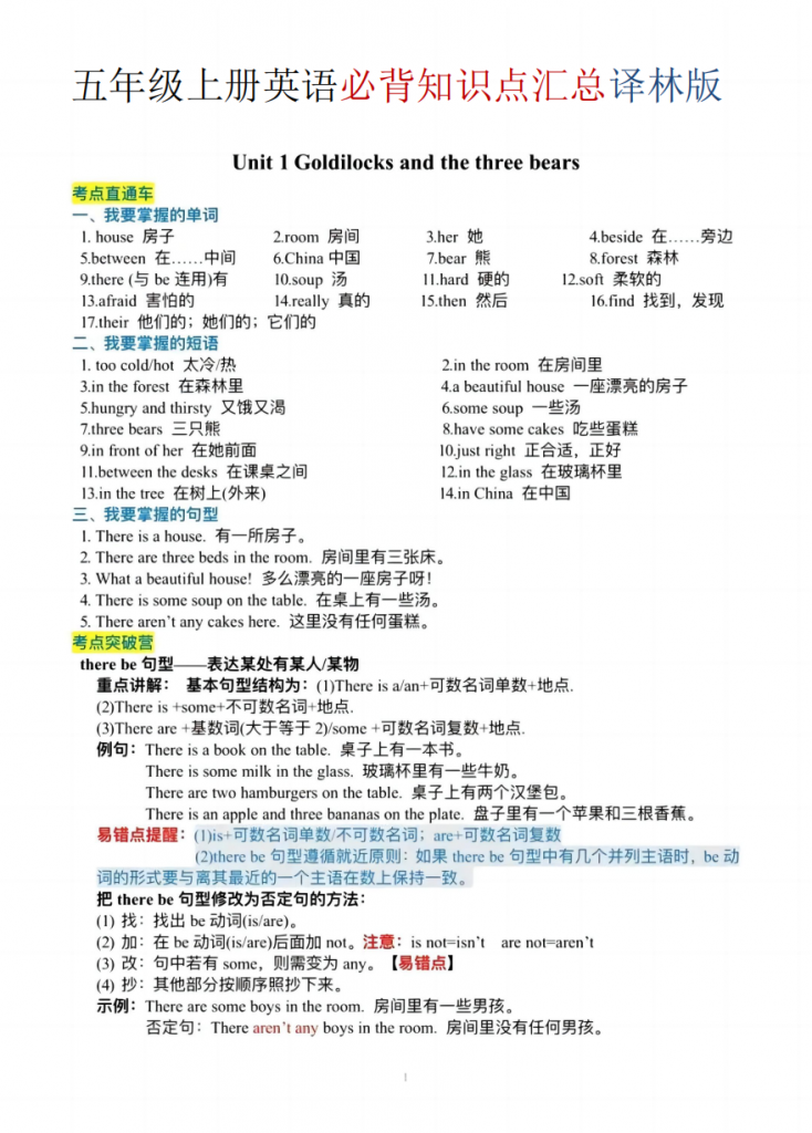 图片[1]-五年级（上）英语必背知识单《译林版》.pdf-中小学科教辅资料