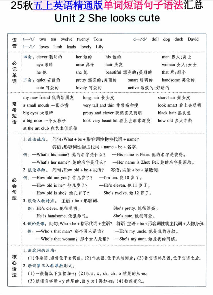 图片[2]-五年级（上）英语 单词短语句子语法汇总人教精通版.pdf-中小学科教辅资料