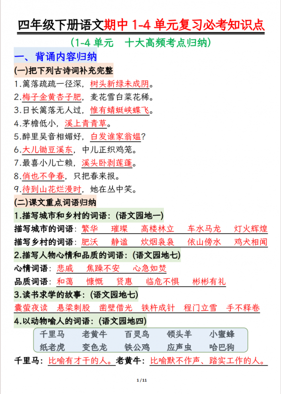四年级（下）语文 期中1-4单元复习必考知识点.pdf-中小学科教辅资料