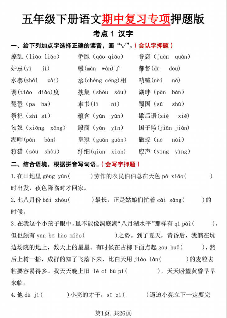 图片[1]-五年级（下）语文 期中复习专项押题版.pdf-中小学科教辅资料