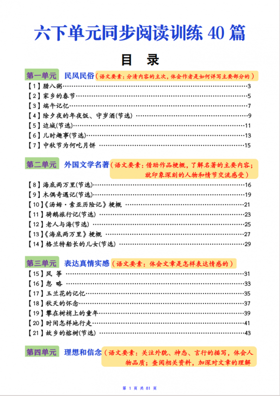六年级（下）语文 单元同步阅读理解训练40篇.pdf-中小学科教辅资料
