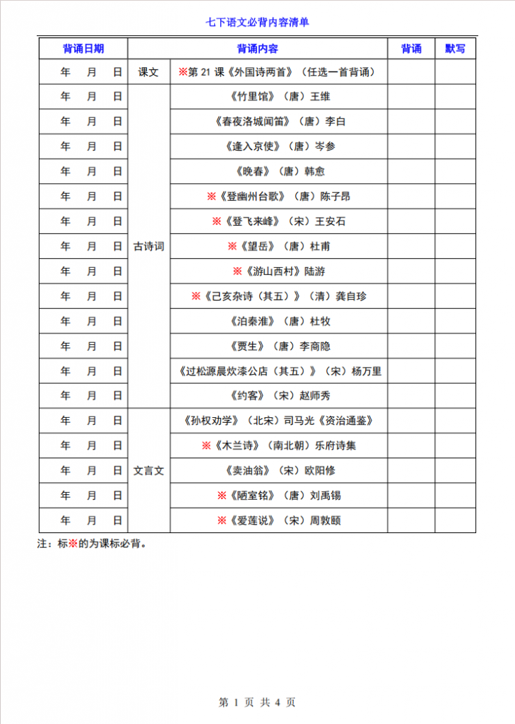 图片[1]-七年级（下）语文必背内容清单（含计划表）.pdf-中小学科教辅资料