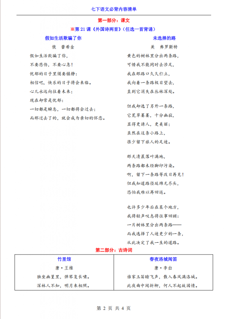 图片[2]-七年级（下）语文必背内容清单（含计划表）.pdf-中小学科教辅资料