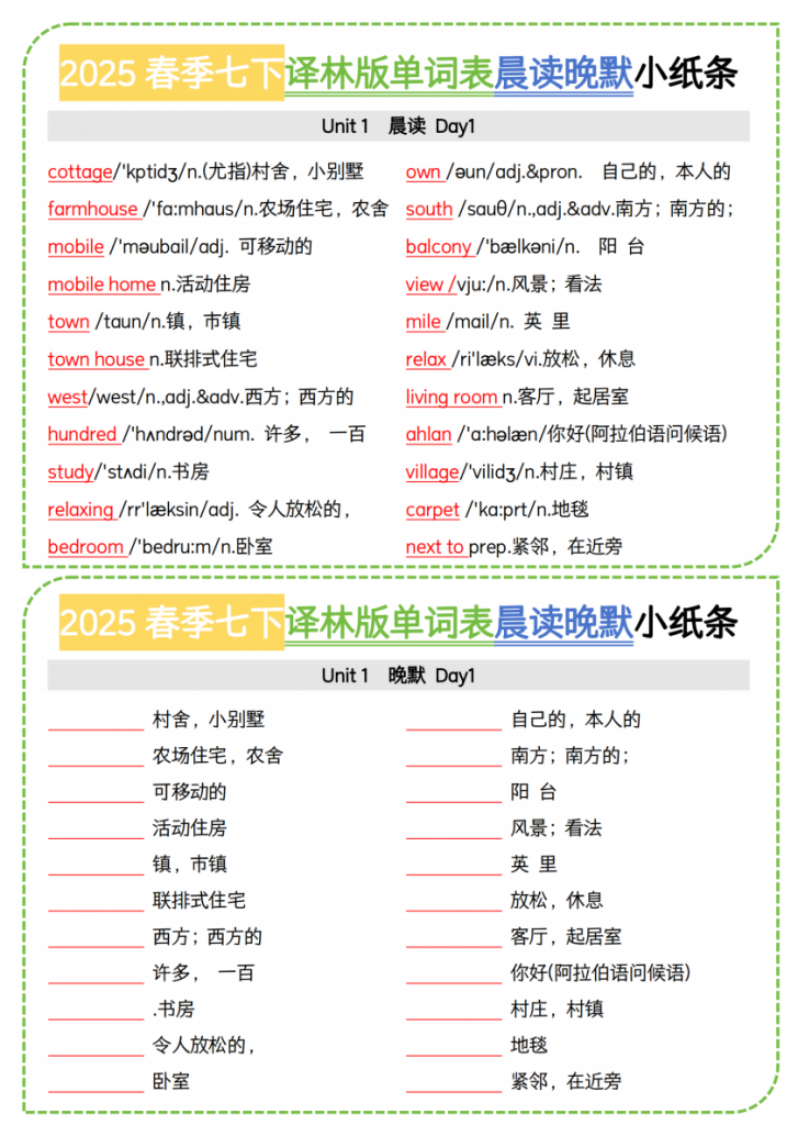 图片[1]-七年级（下）英语 单词晨读晚默小纸条（译林版）.pdf-中小学科教辅资料
