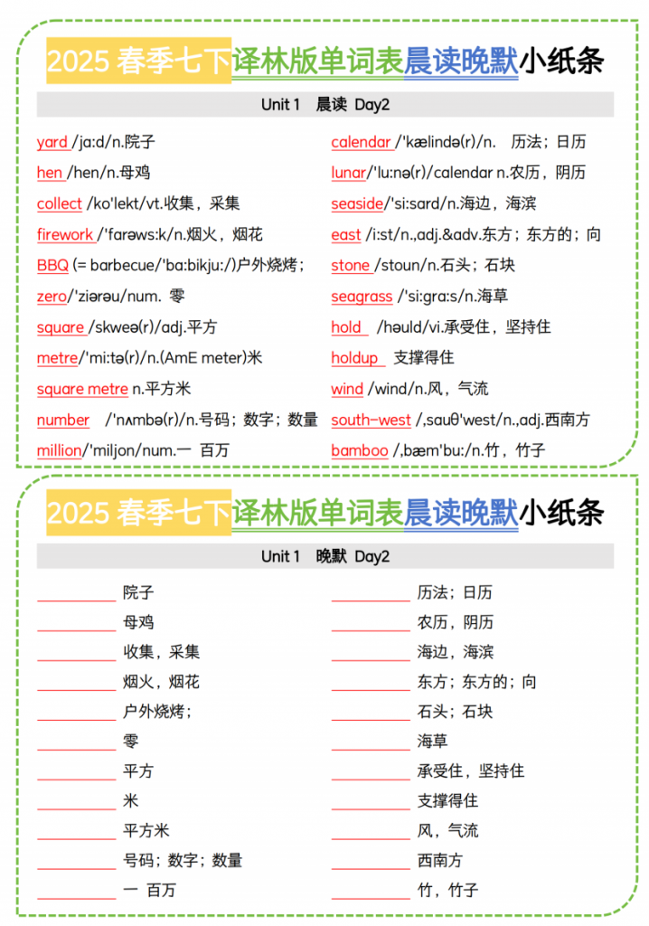 图片[2]-七年级（下）英语 单词晨读晚默小纸条（译林版）.pdf-中小学科教辅资料