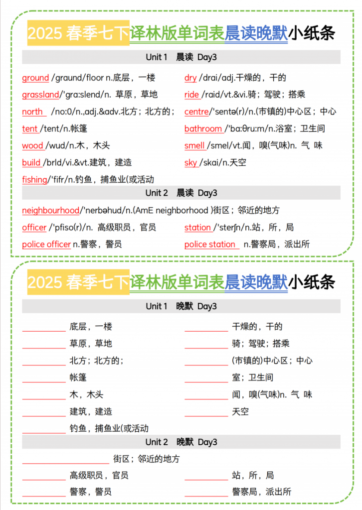 图片[3]-七年级（下）英语 单词晨读晚默小纸条（译林版）.pdf-中小学科教辅资料