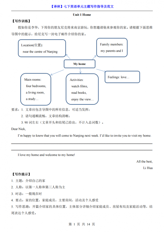 七年级（下）英语 单元主题写作练习指导及范文（译林版）.pdf-中小学科教辅资料