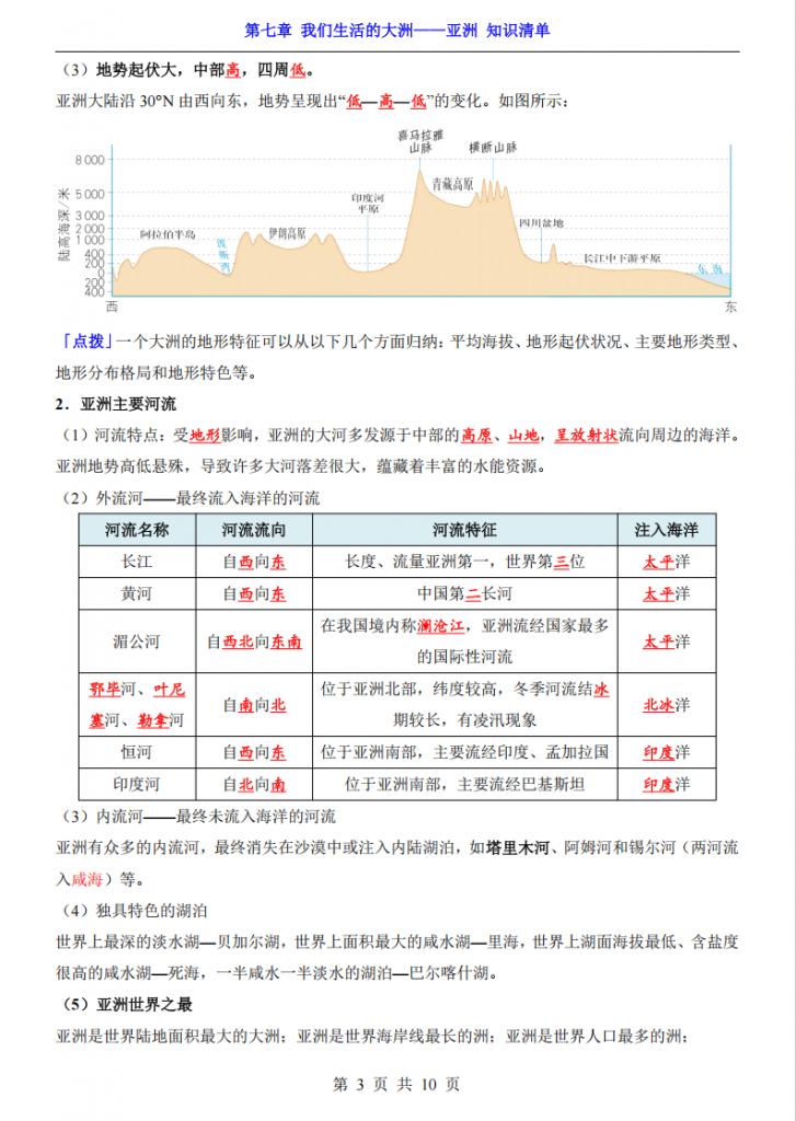 图片[3]-七年级（下）地理第7章我们生活的大洲——亚洲 知识清单（人教版）.pdf-中小学科教辅资料