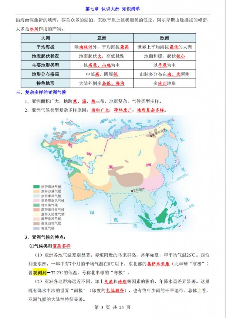 图片[3]-七年级（下）地理第7章认识大洲 知识清单（湘教版）.pdf-中小学科教辅资料
