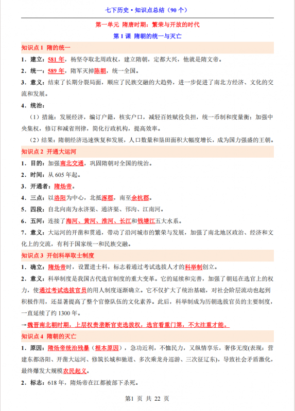 七年级（下）历史 知识点总结（90个）.pdf-中小学科教辅资料