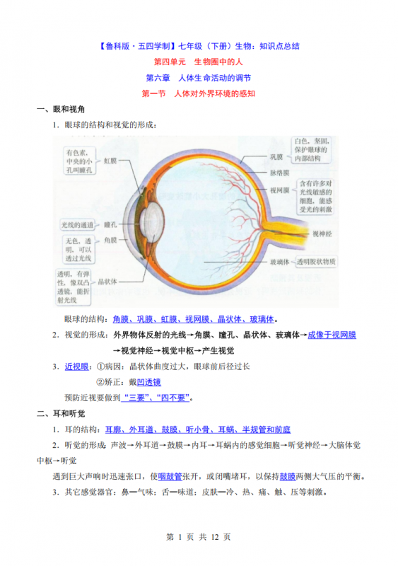 七年级（下）生物 知识点总结（鲁科54版）.pdf-中小学科教辅资料