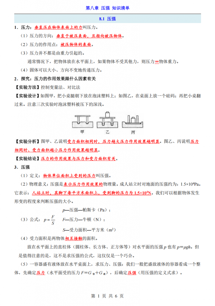 图片[1]-八年级（下）物理第8章 压强 知识清单（沪粤版）.pdf-中小学科教辅资料