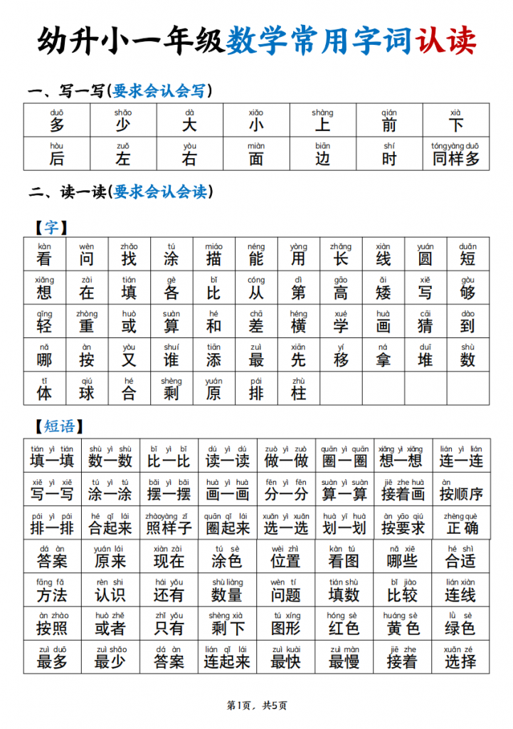 图片[1]-幼升小一年级数学常用字词认读拼音版（5页）.pdf-中小学科教辅资料