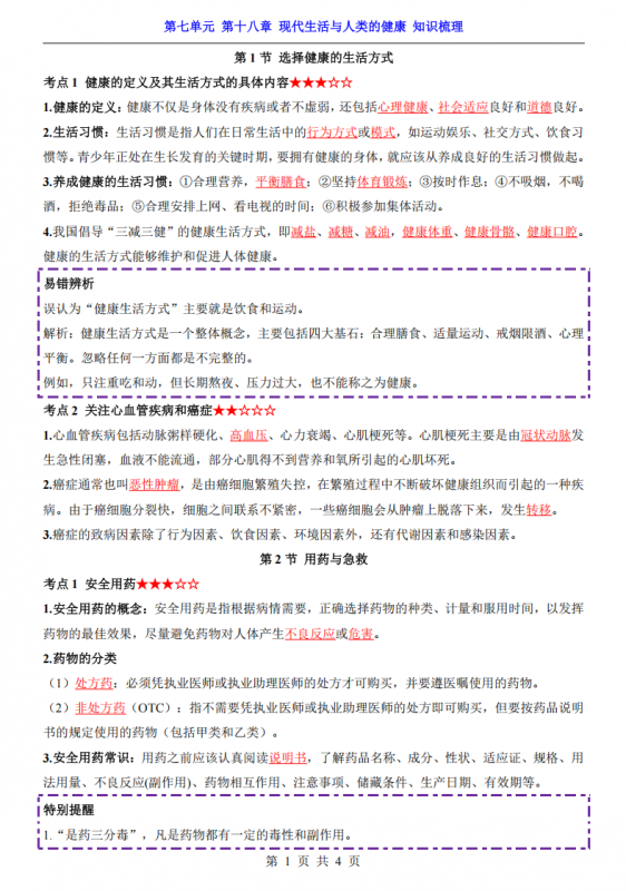 八年级（下）生物第7单元第18章现代生活与人类的健康 知识梳理（苏科版）.pdf-中小学科教辅资料