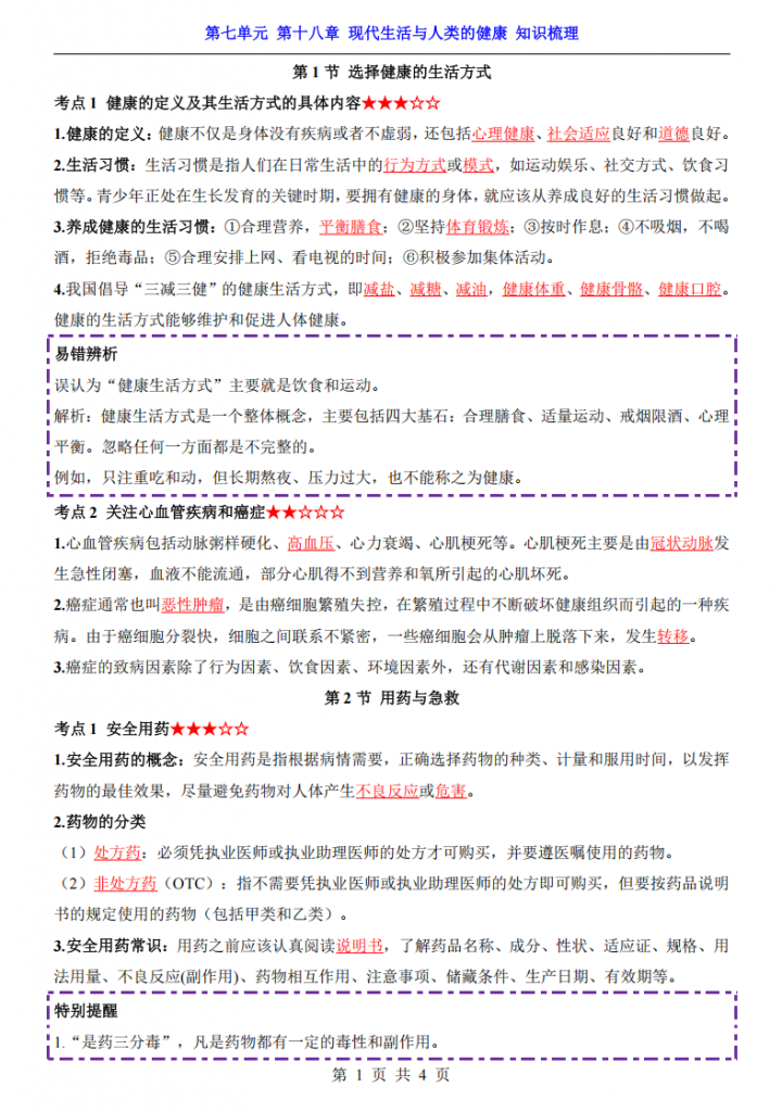 图片[1]-八年级（下）生物第7单元第18章现代生活与人类的健康 知识梳理（苏科版）.pdf-中小学科教辅资料